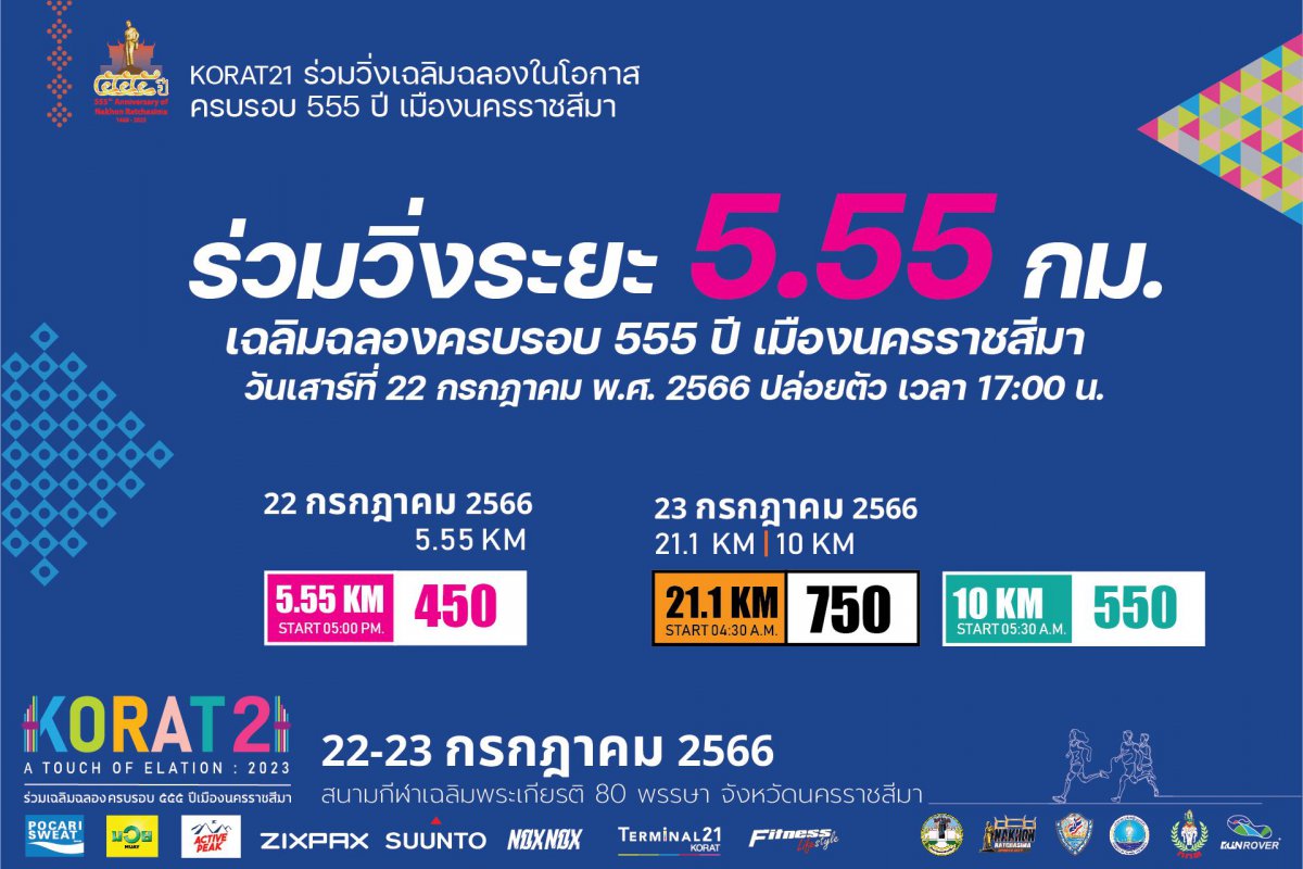 KORAT21 ขอเชิญชาวโคราช ร่วมวิ่งเฉลิมฉลอง 555 ปี เมืองนครราชสีมา กับ ระยะ  5.55 กม. ในราคาพิเศษสุด ๆ สำหรับชาวโคราช เท่านั้น ในวันเสาร์ที่ 22 กรกฎาคม 2566 ระยะ 5.55 กม. ปล่อยตัวเวลา 17:00 น. หรือจะร่วมวิ่งในวันอาทิตย์ที่ 23 กรกฎาคม 2566 กับร