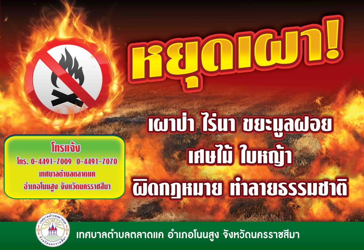 ประชาสัมพันธ์... ❌ขอความร่วมมือ หยุดเผาป่า ไร้นา ขยะมูลฝอย เศษไม้ ใบหญ้า ผิดกฎหมายทำลายธรรมชาติ ✅ เพื่อป้องกันและแก้ไขปัญหาฝุ่น PM 2.5 และหมอกควันรบกวน ☎️พบเห็นเหตุเพลิงไหม้ โทร. 044-917009